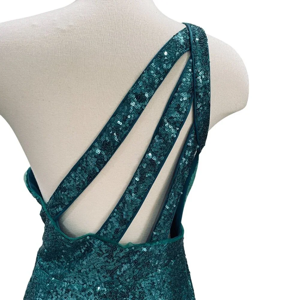 Teal Sequin One Shoulder Slit Maxi Dress Formal Gown Prom‎ Y2K Party Sexy - Picture 9 of 11